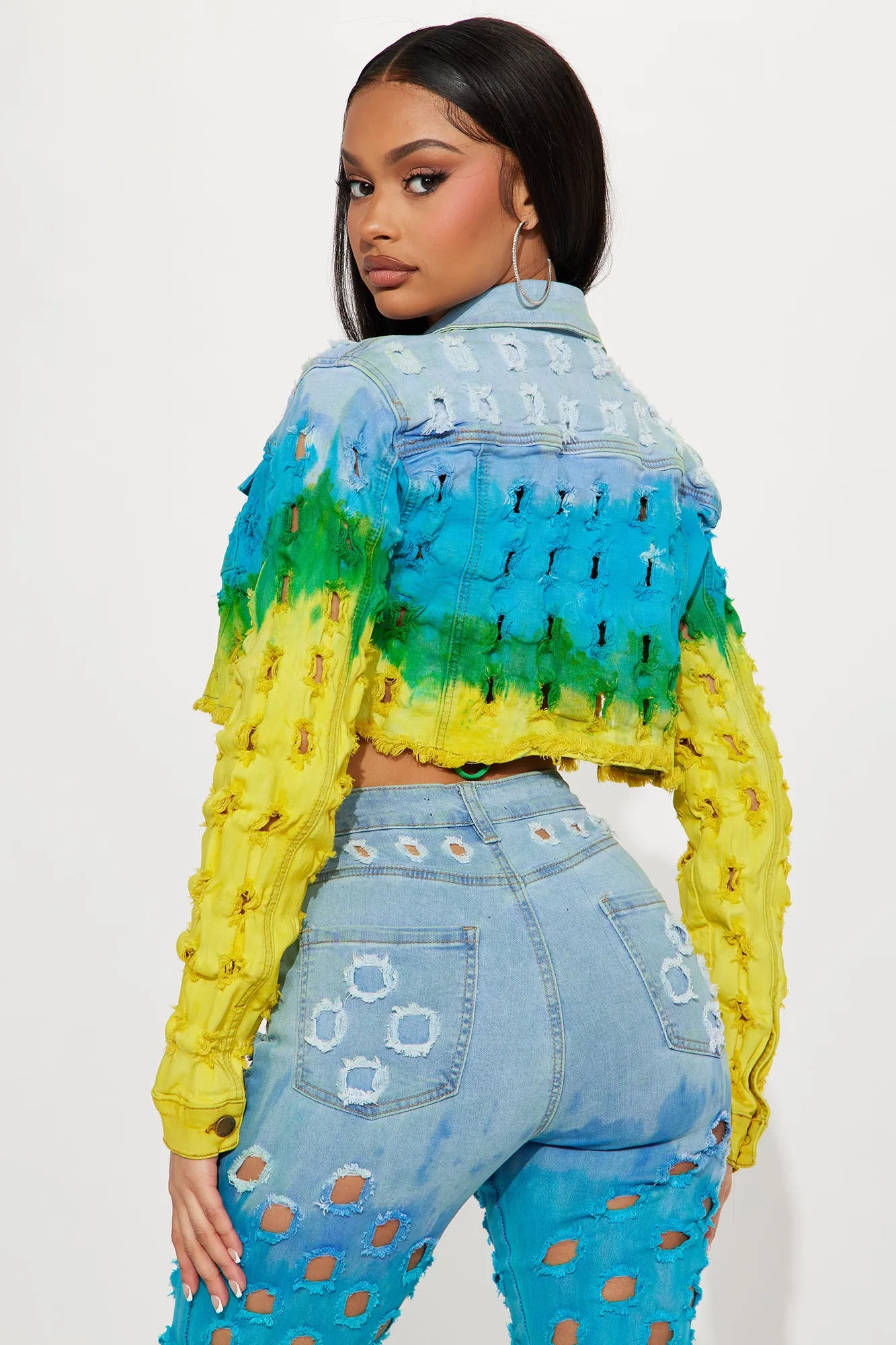 Alegria Ripped Tie Dye Crop Denim Jacket - Blue/combo