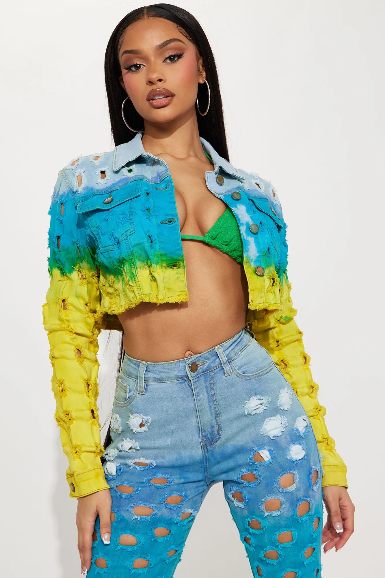 Alegria Ripped Tie Dye Crop Denim Jacket - Blue/combo