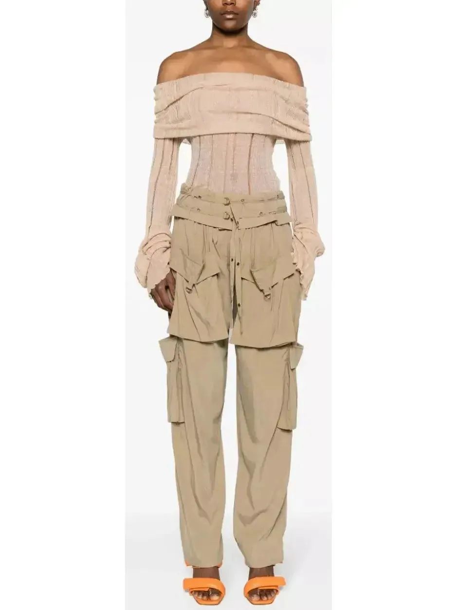 Beige Mid-Rise Cargo Pants