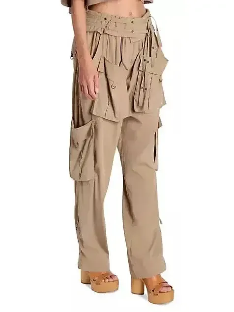 Beige Mid-Rise Cargo Pants