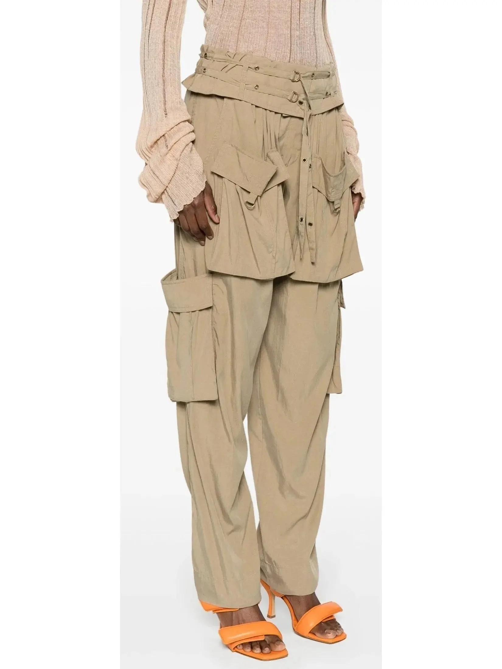 Beige Mid-Rise Cargo Pants