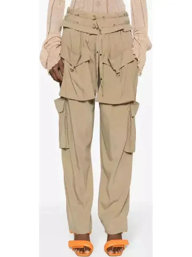 Beige Mid-Rise Cargo Pants