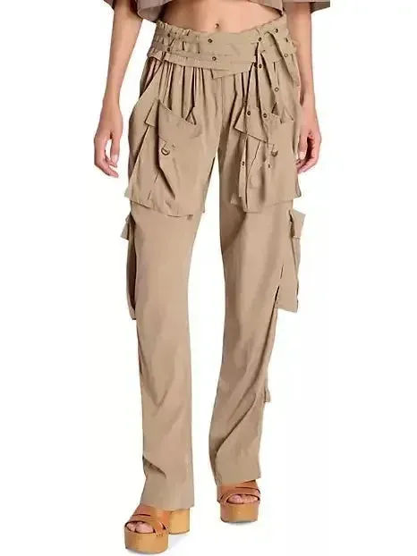 Beige Mid-Rise Cargo Pants