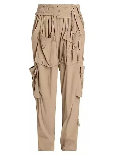 Beige Mid-Rise Cargo Pants