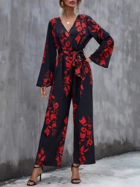 Boho Floral Wrap Long Sleeve V Neck High Waist Long Women Jumpsuit