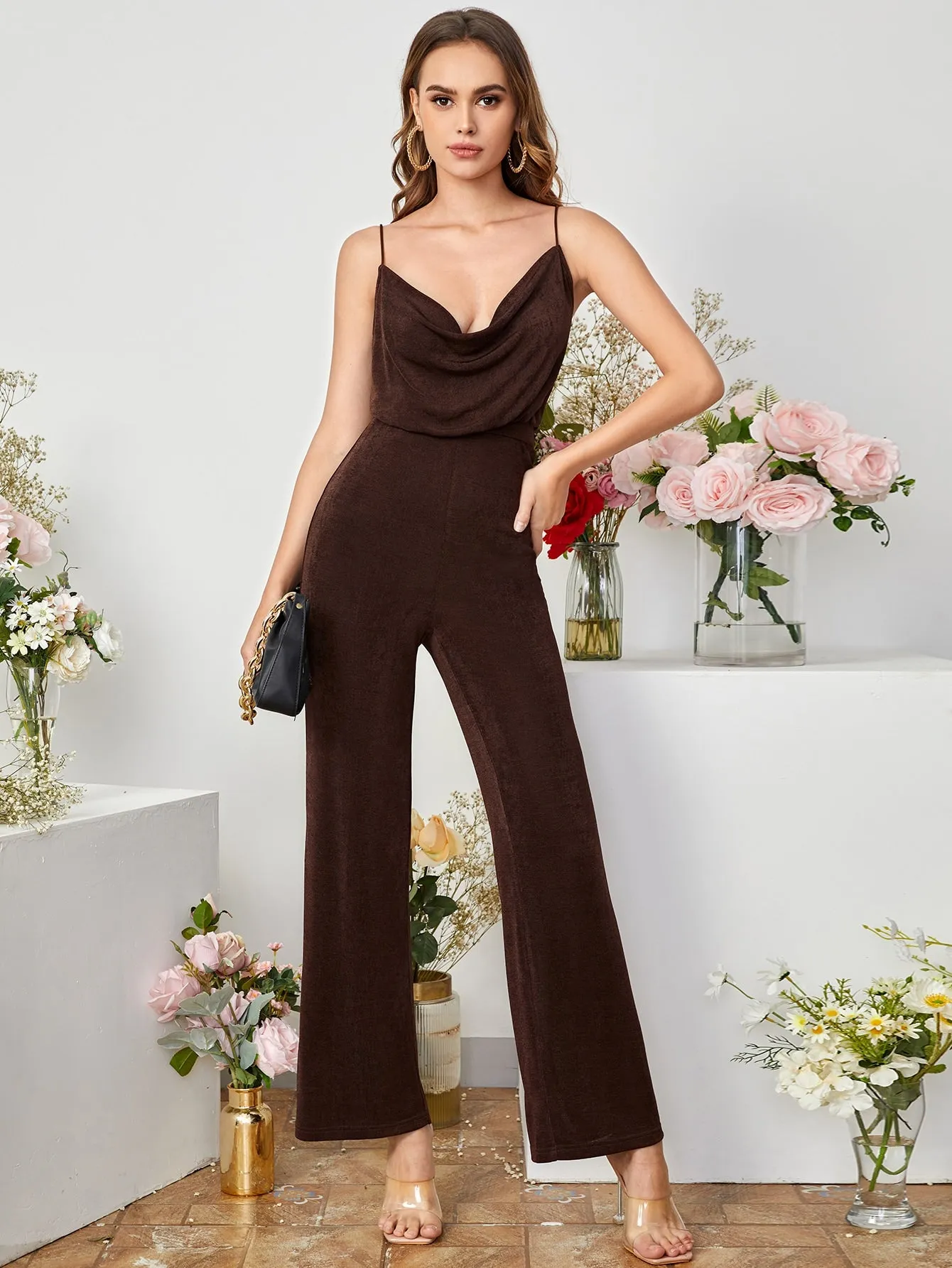 Cowl Collar Culottes Sleeveless High Waist Jumpsuit