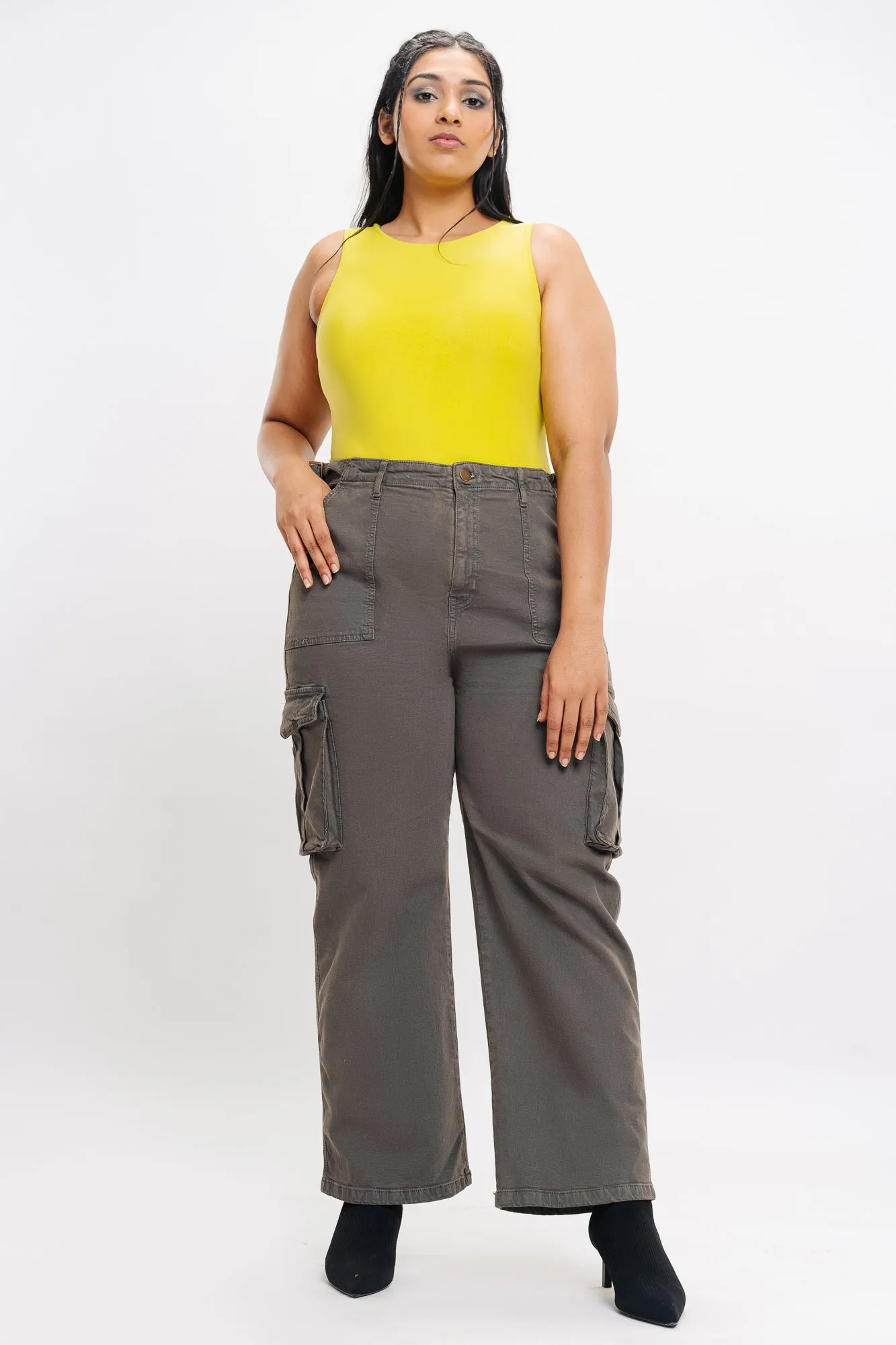 Curve Contrast Stitch Denim Grey Cargo Pants