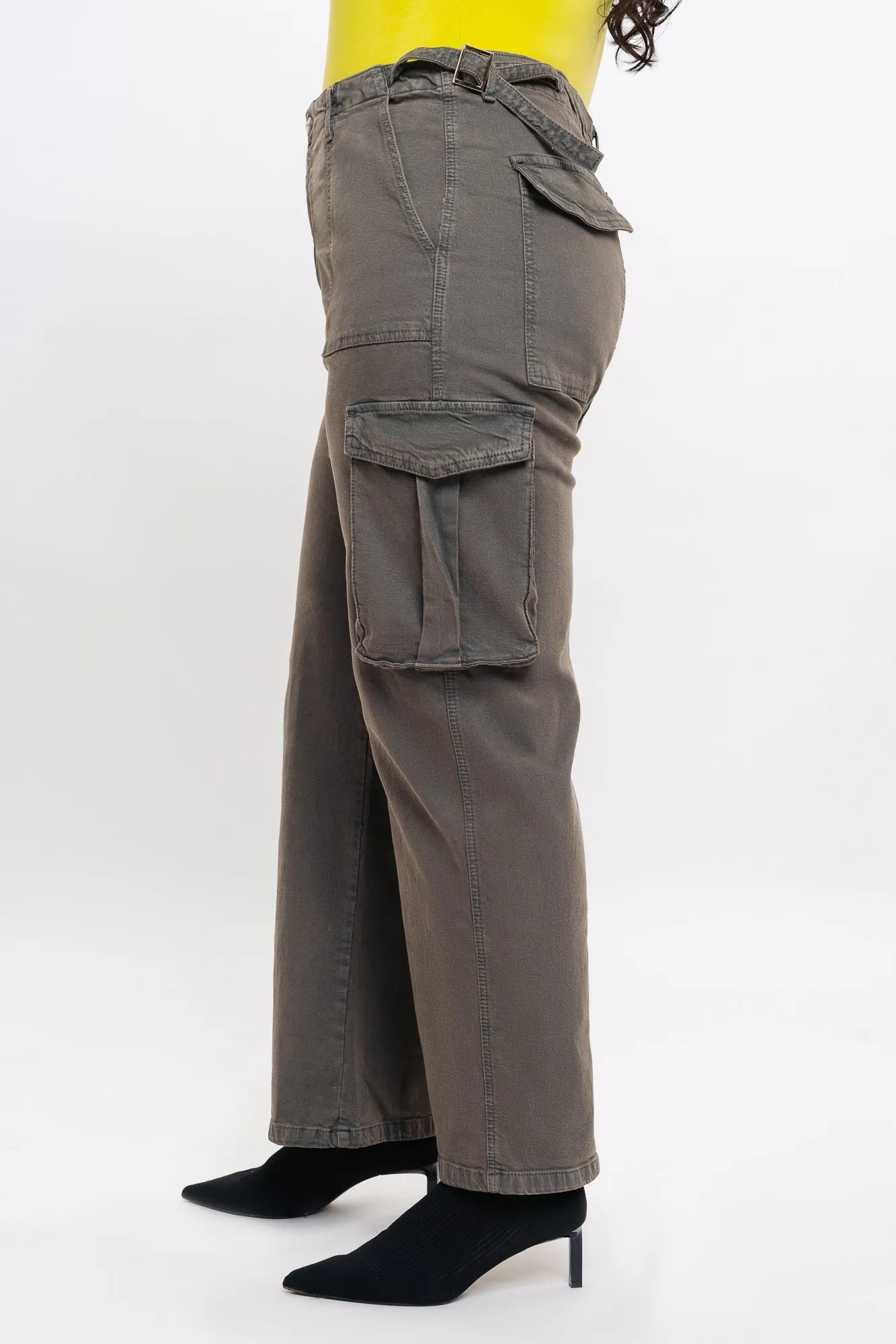 Curve Contrast Stitch Denim Grey Cargo Pants