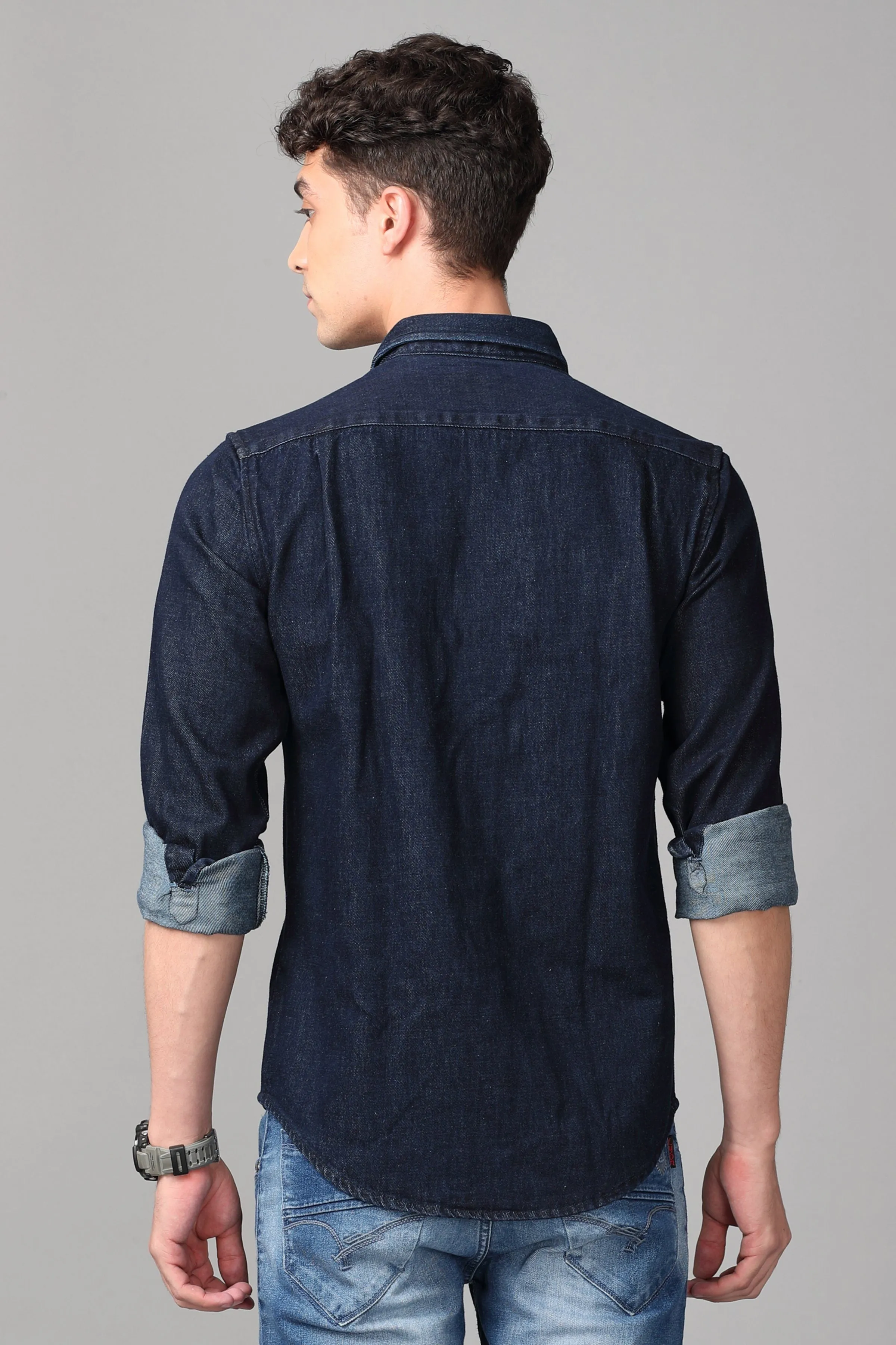 Double Pocket Ripped Dark Blue Denim Shirt