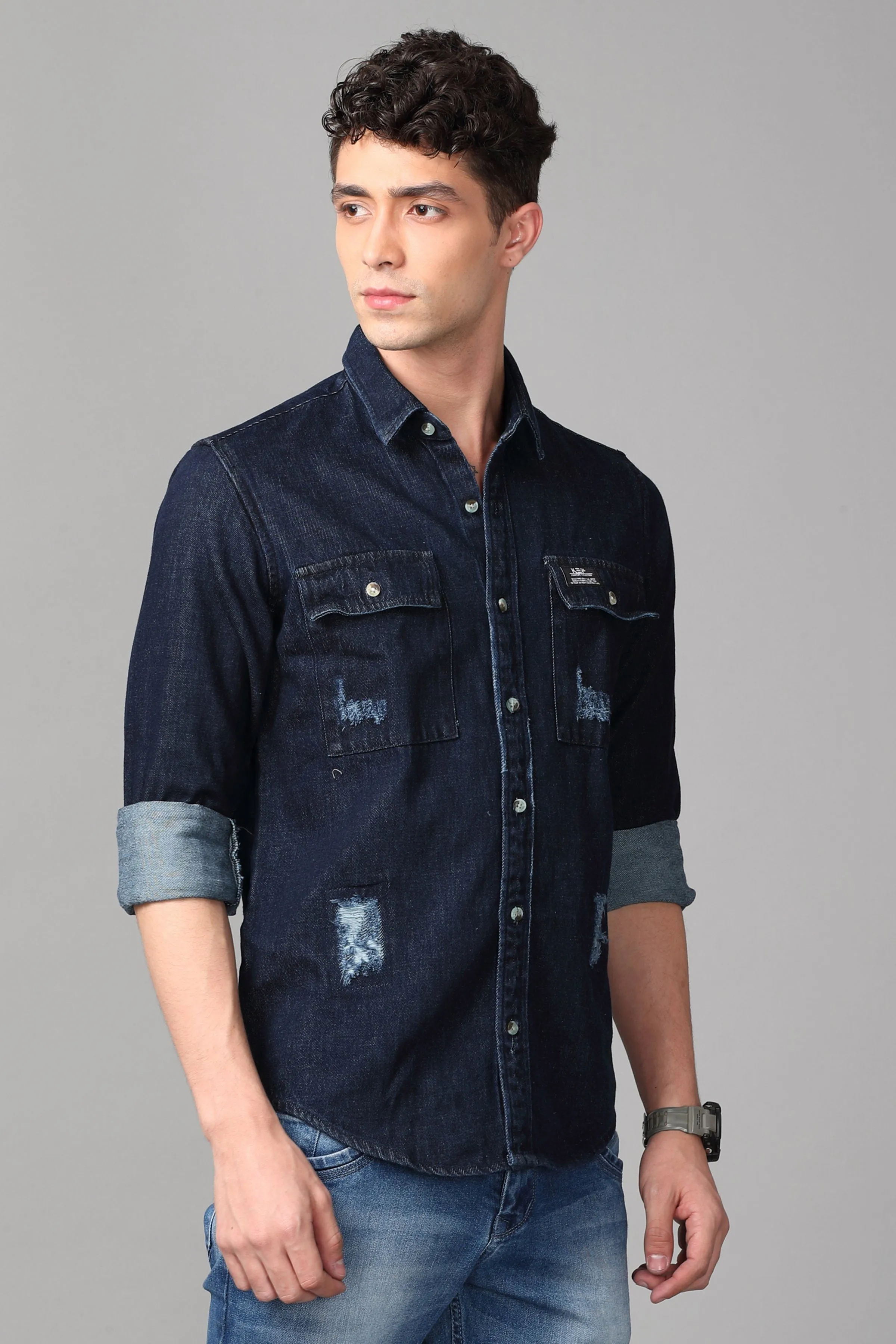 Double Pocket Ripped Dark Blue Denim Shirt