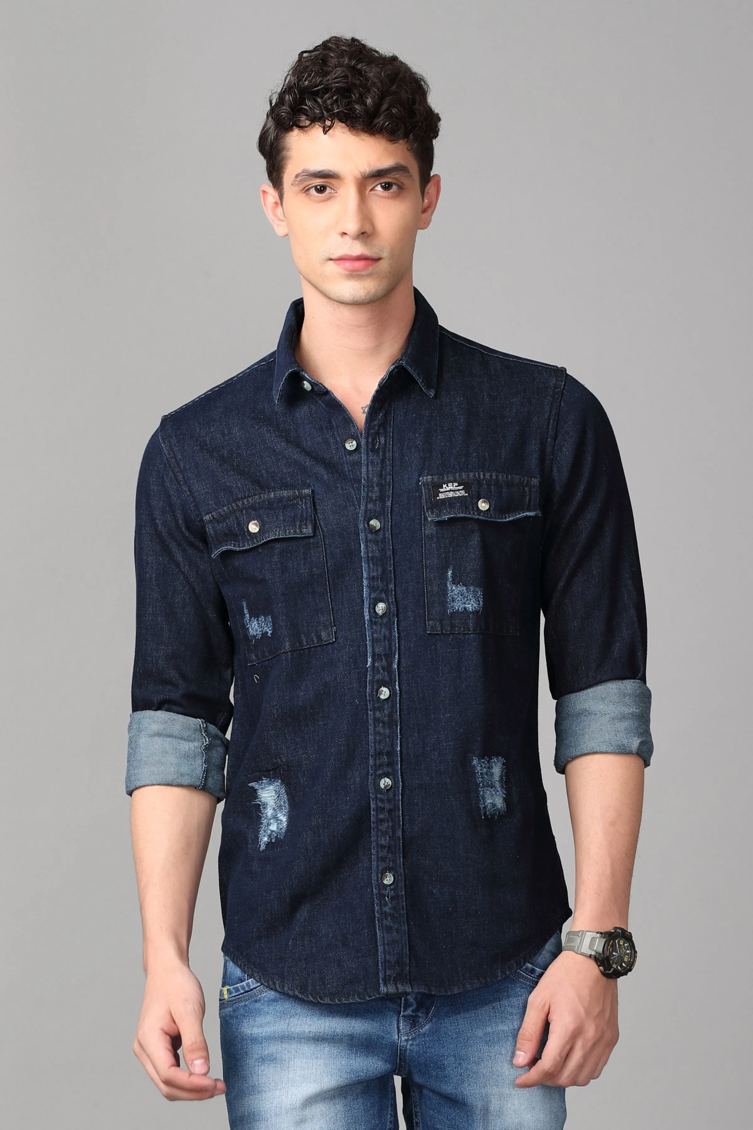 Double Pocket Ripped Dark Blue Denim Shirt