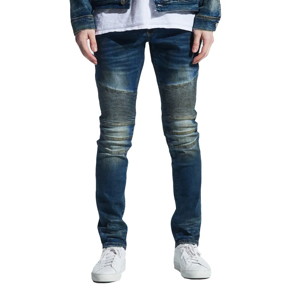 Embellish Garland Biker Denim Jeans Dirty Indigo Wash