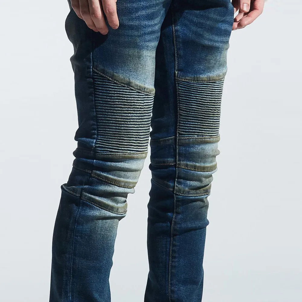 Embellish Garland Biker Denim Jeans Dirty Indigo Wash