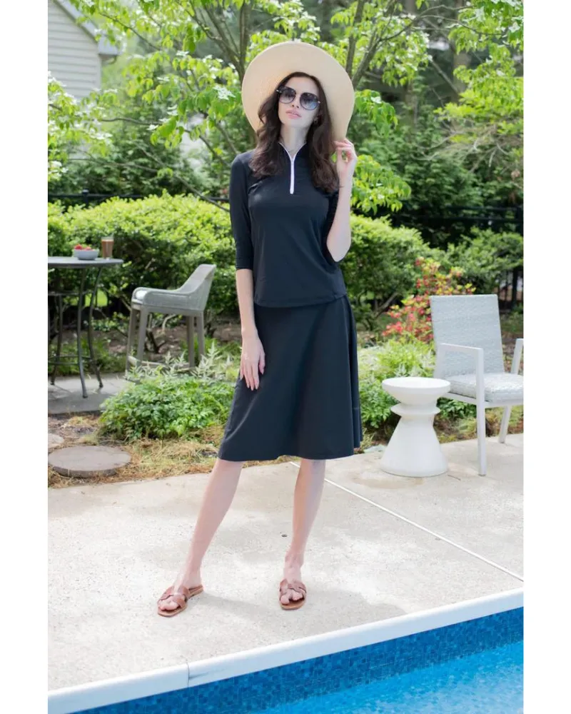 FHZS Black Half Zip 2 Piece Swim Top & Skirt Set