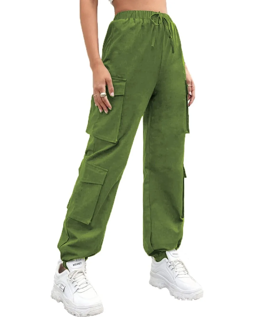 Green Petite Cargo Trousers, Women Elasticated High Waisted Cuffed Ankle Teen Girls Pants- S