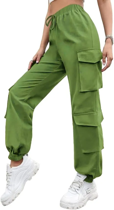 Green Petite Cargo Trousers, Women Elasticated High Waisted Cuffed Ankle Teen Girls Pants- S