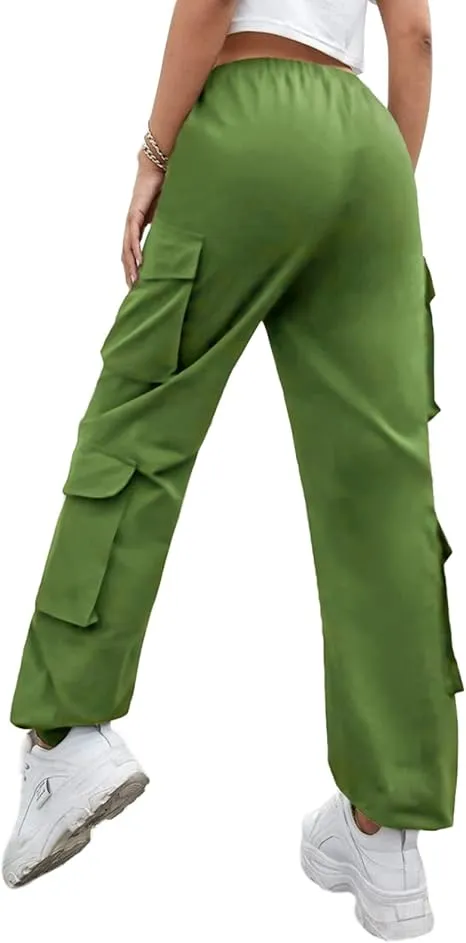 Green Petite Cargo Trousers, Women Elasticated High Waisted Cuffed Ankle Teen Girls Pants- S