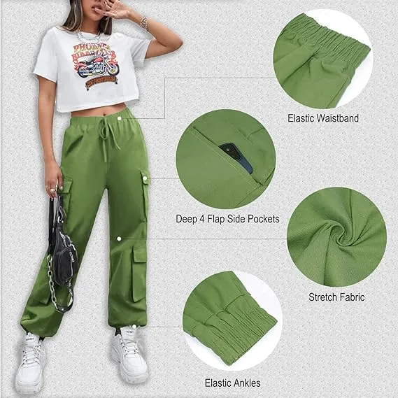 Green Petite Cargo Trousers, Women Elasticated High Waisted Cuffed Ankle Teen Girls Pants- S