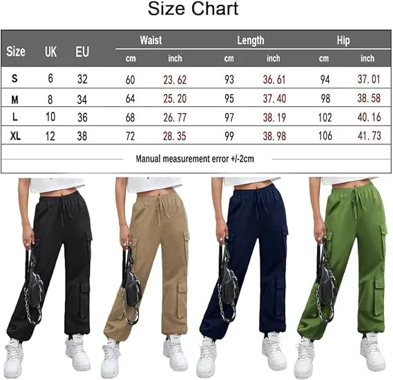 Green Petite Cargo Trousers, Women Elasticated High Waisted Cuffed Ankle Teen Girls Pants- S