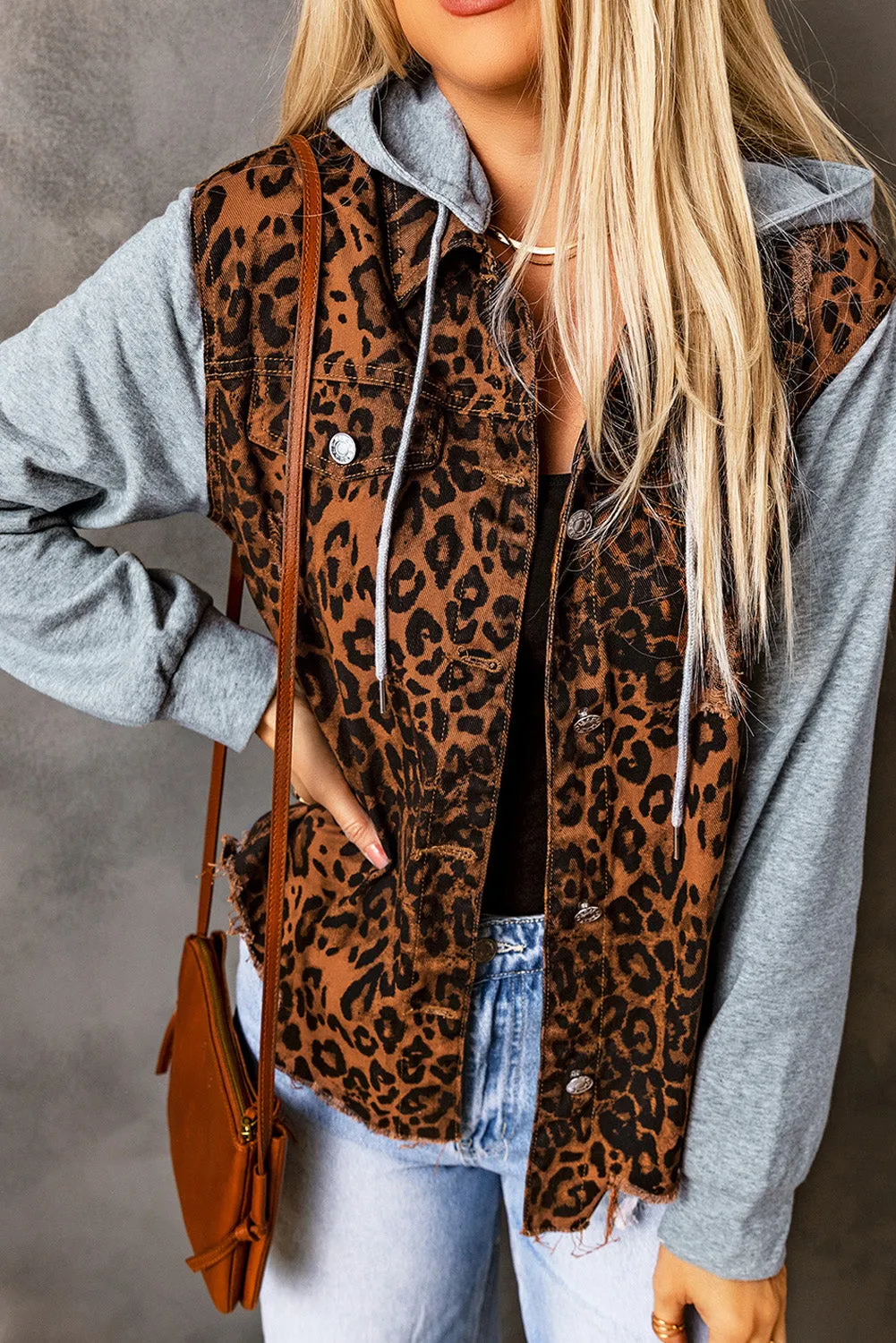 Leopard Leopard Ripped Hooded Denim Jacket