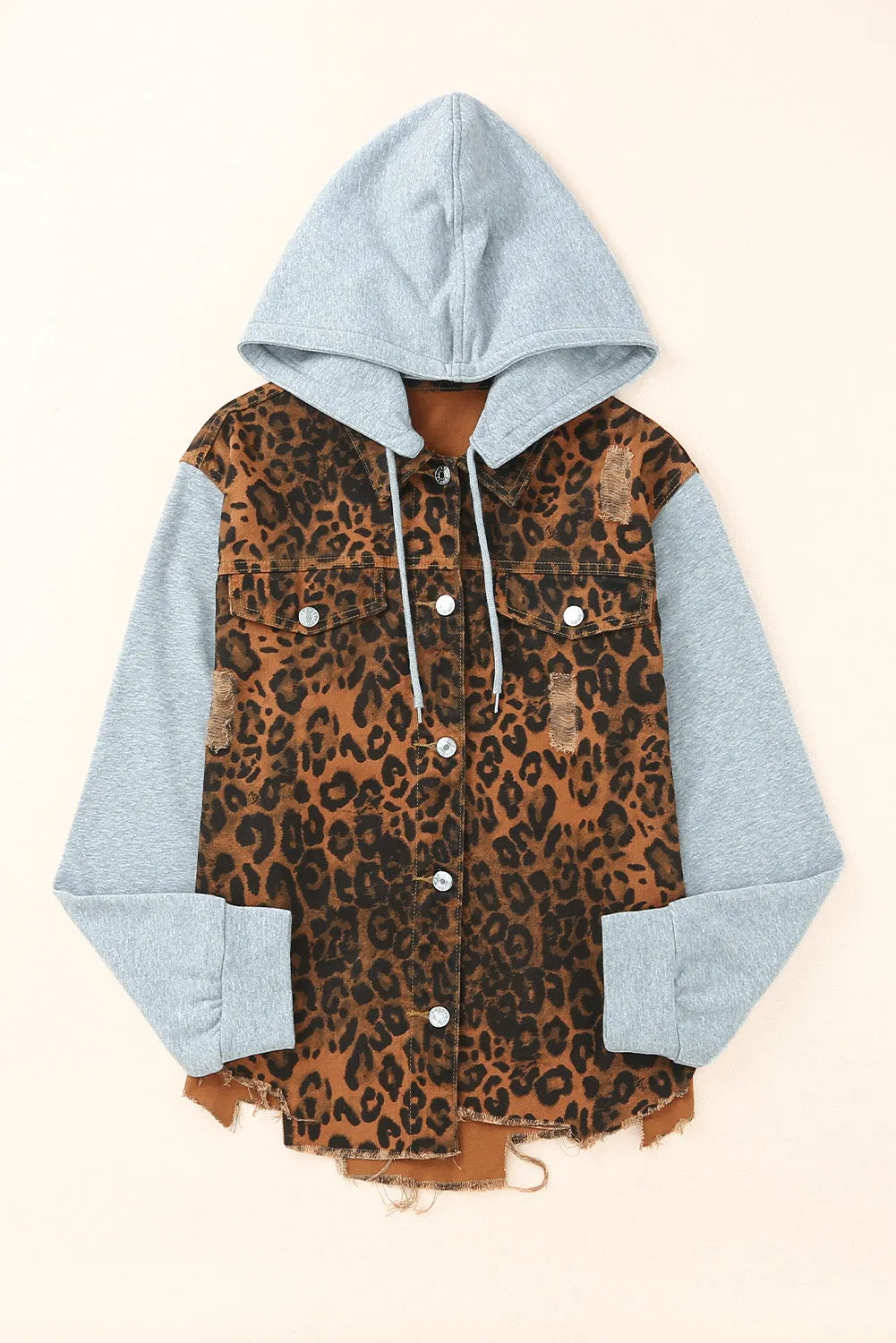 Leopard Leopard Ripped Hooded Denim Jacket