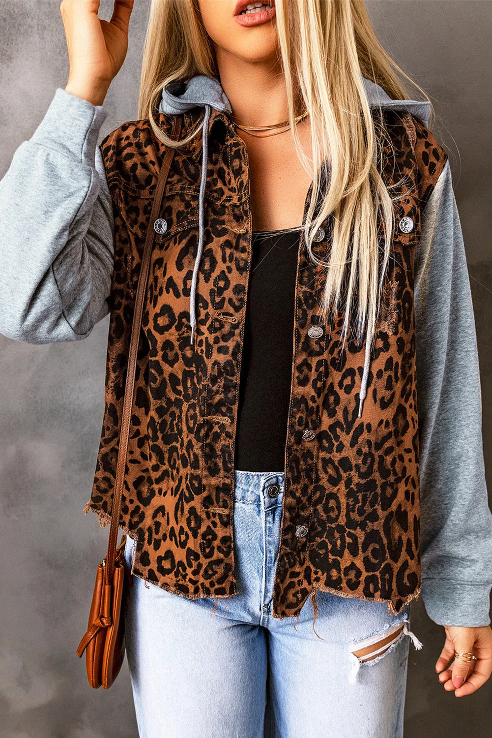 Leopard Leopard Ripped Hooded Denim Jacket