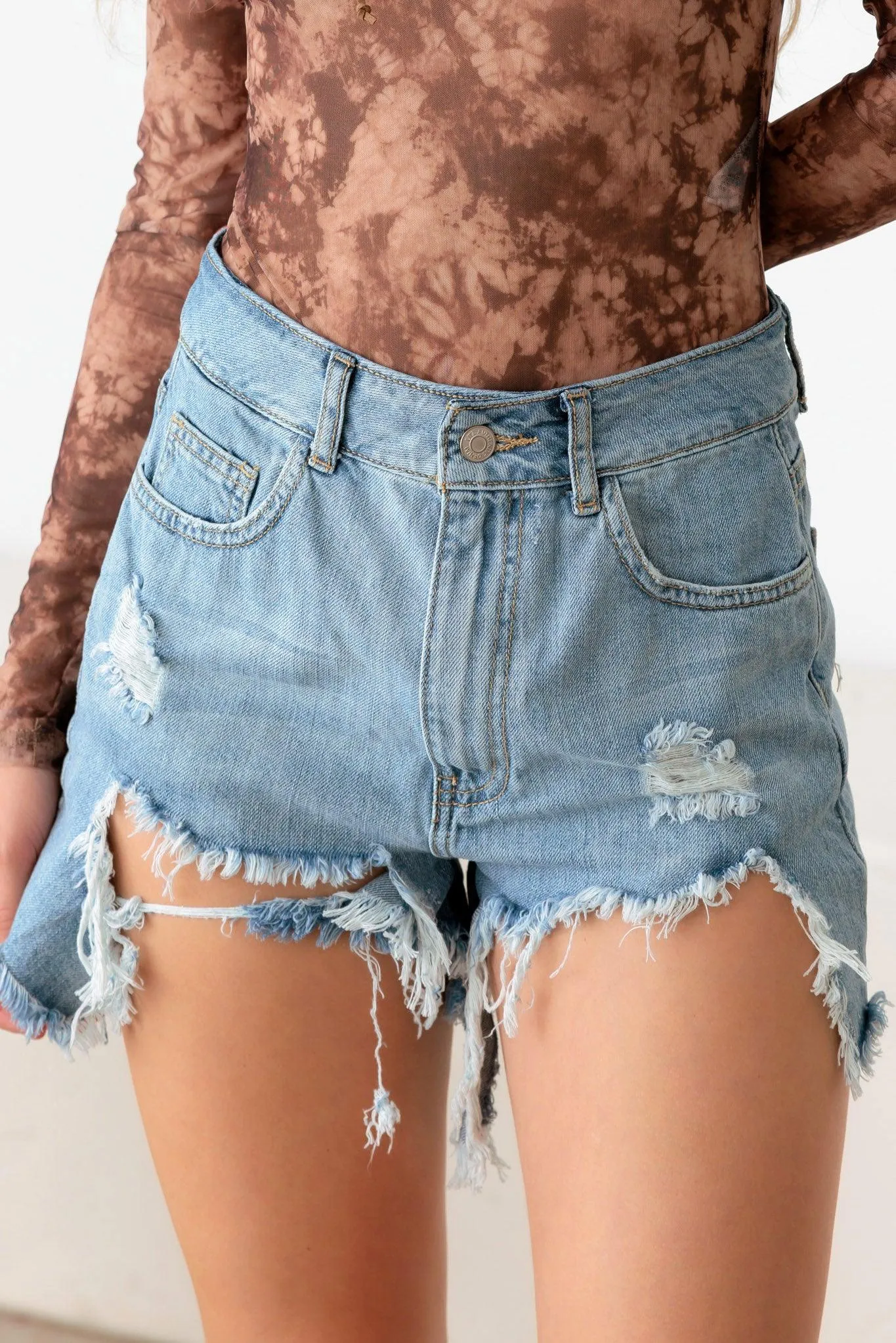 Light Blue Wash Ripped Frayed Hem Denim Shorts