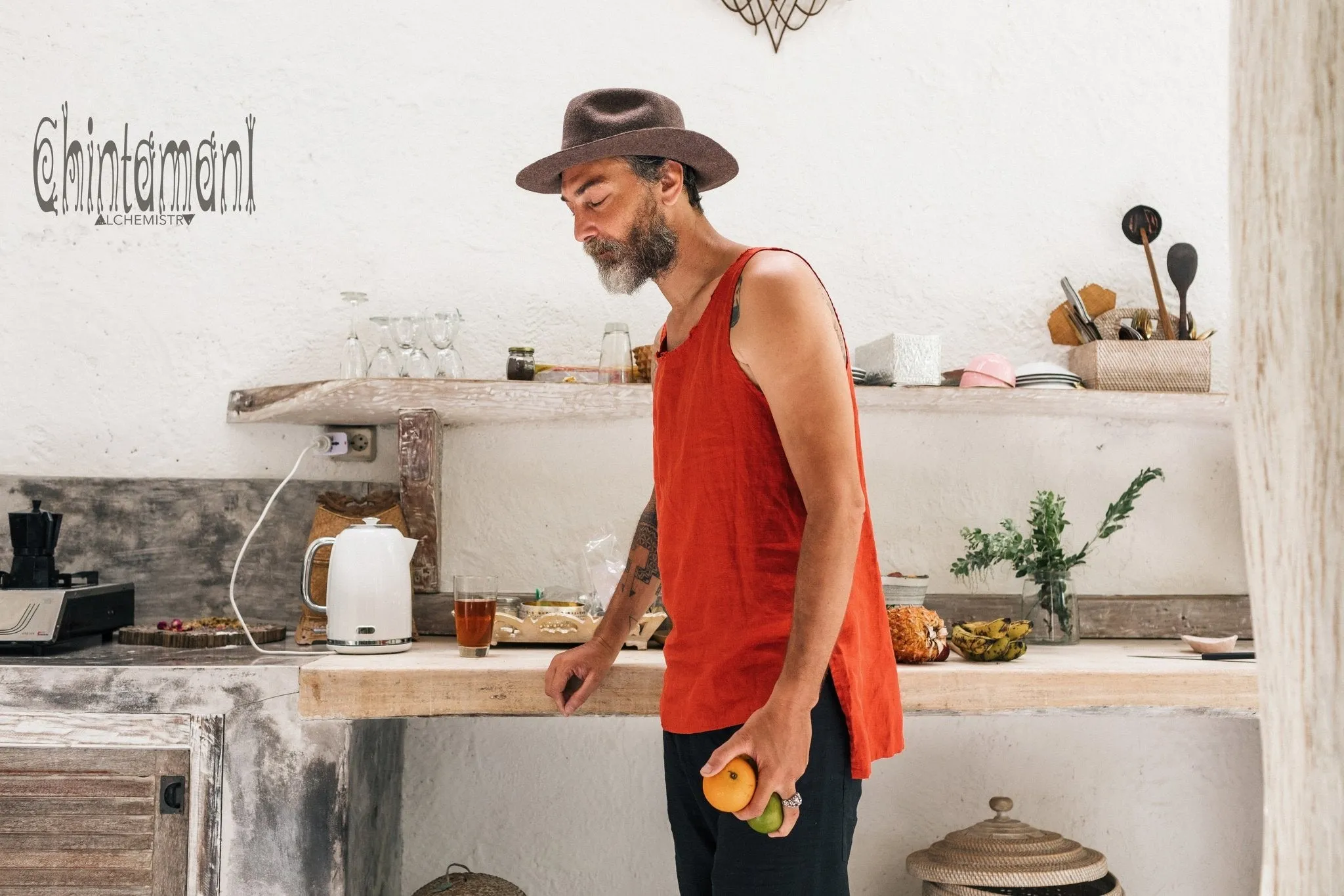 Linen Tank Top for Men / Vegan Boho Top / Red Ochre