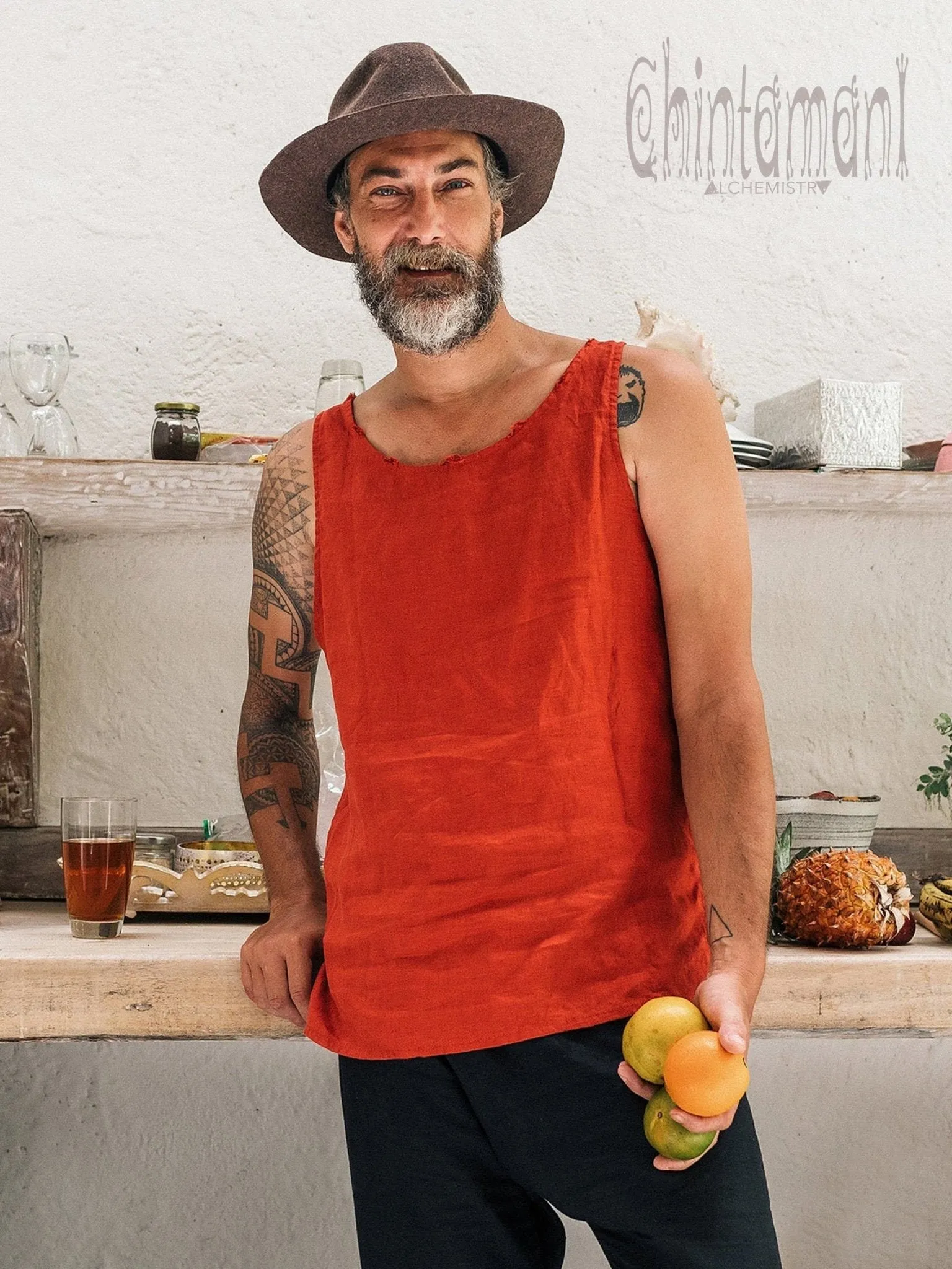 Linen Tank Top for Men / Vegan Boho Top / Red Ochre