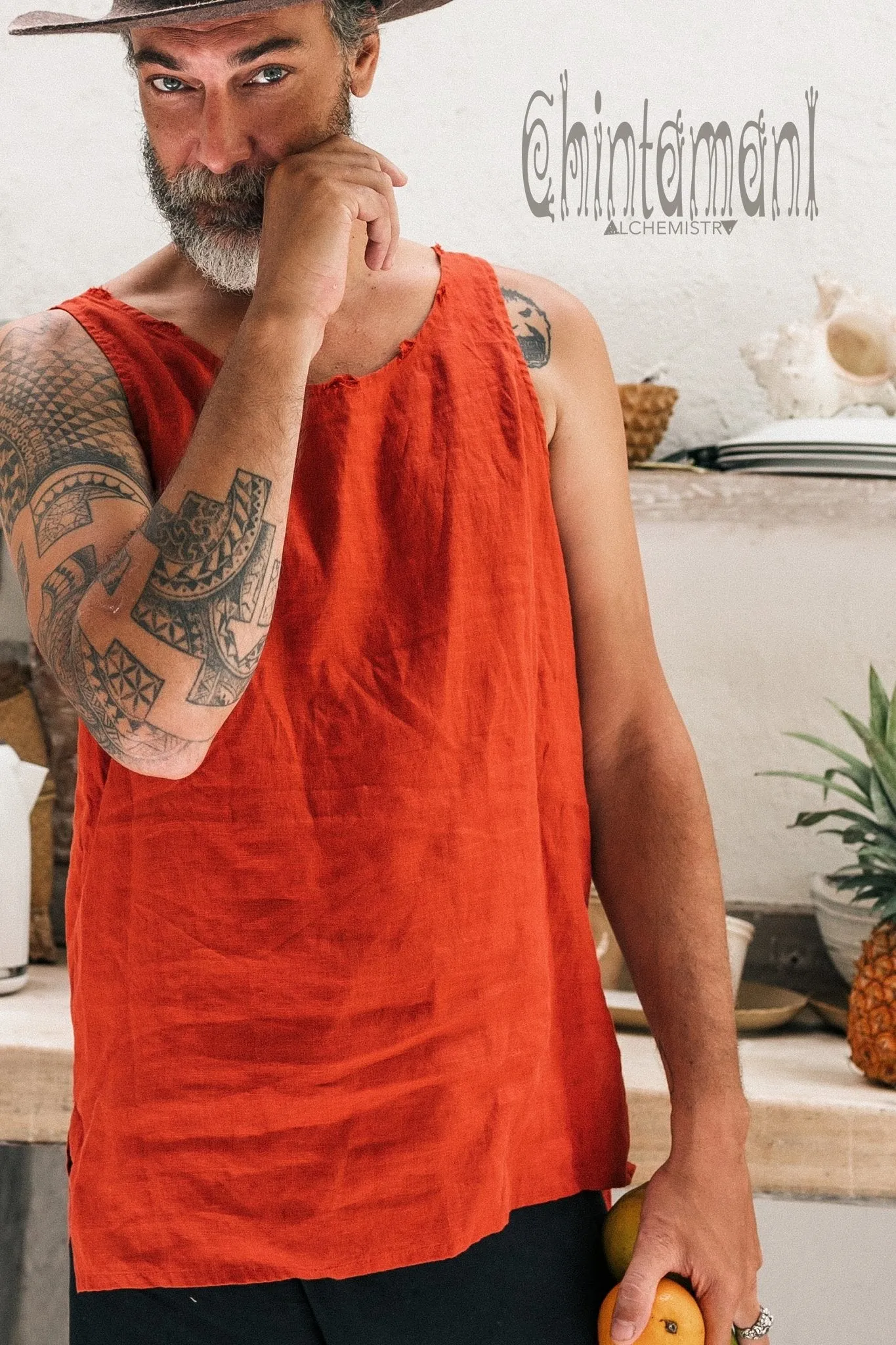 Linen Tank Top for Men / Vegan Boho Top / Red Ochre