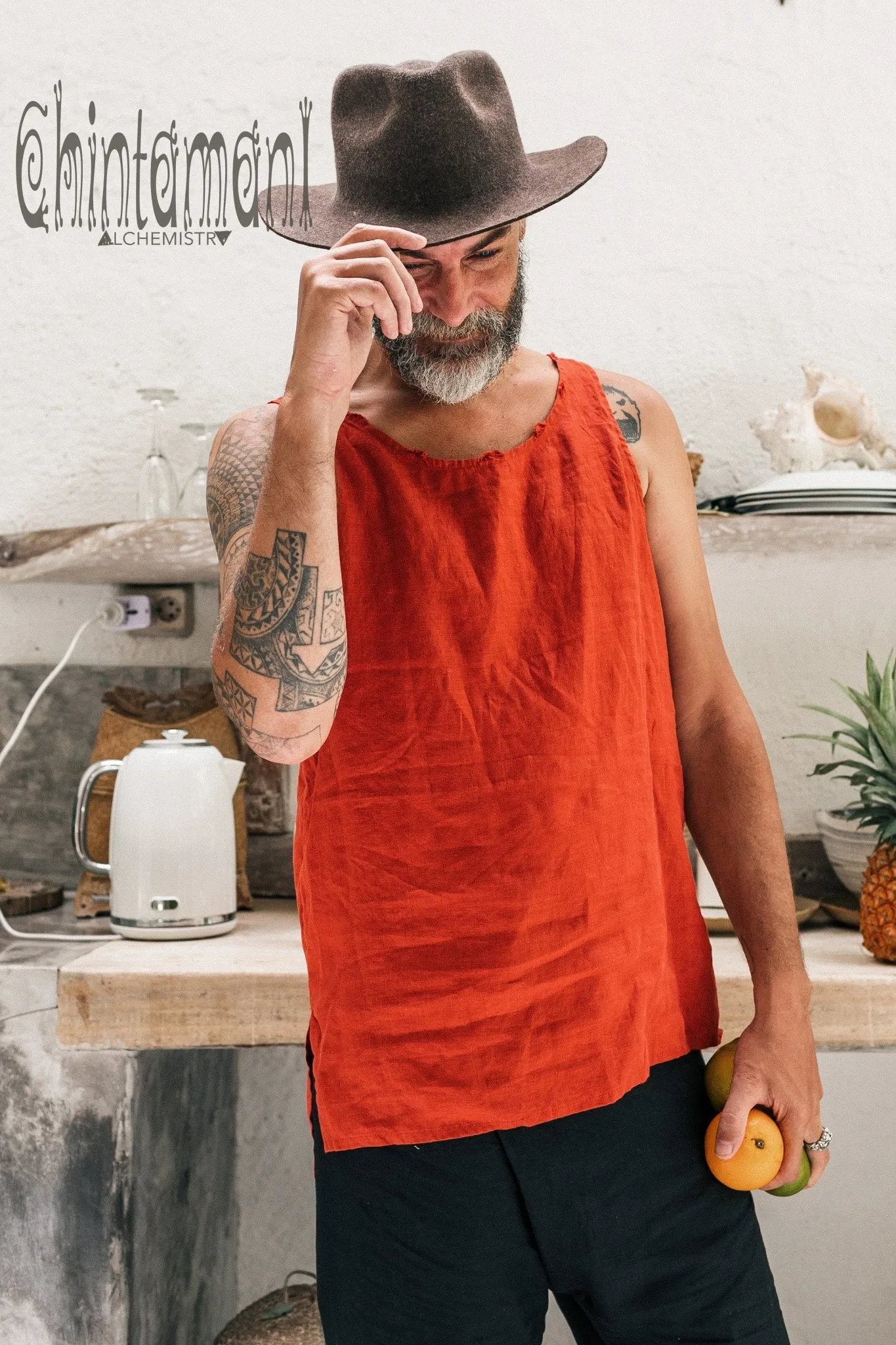 Linen Tank Top for Men / Vegan Boho Top / Red Ochre