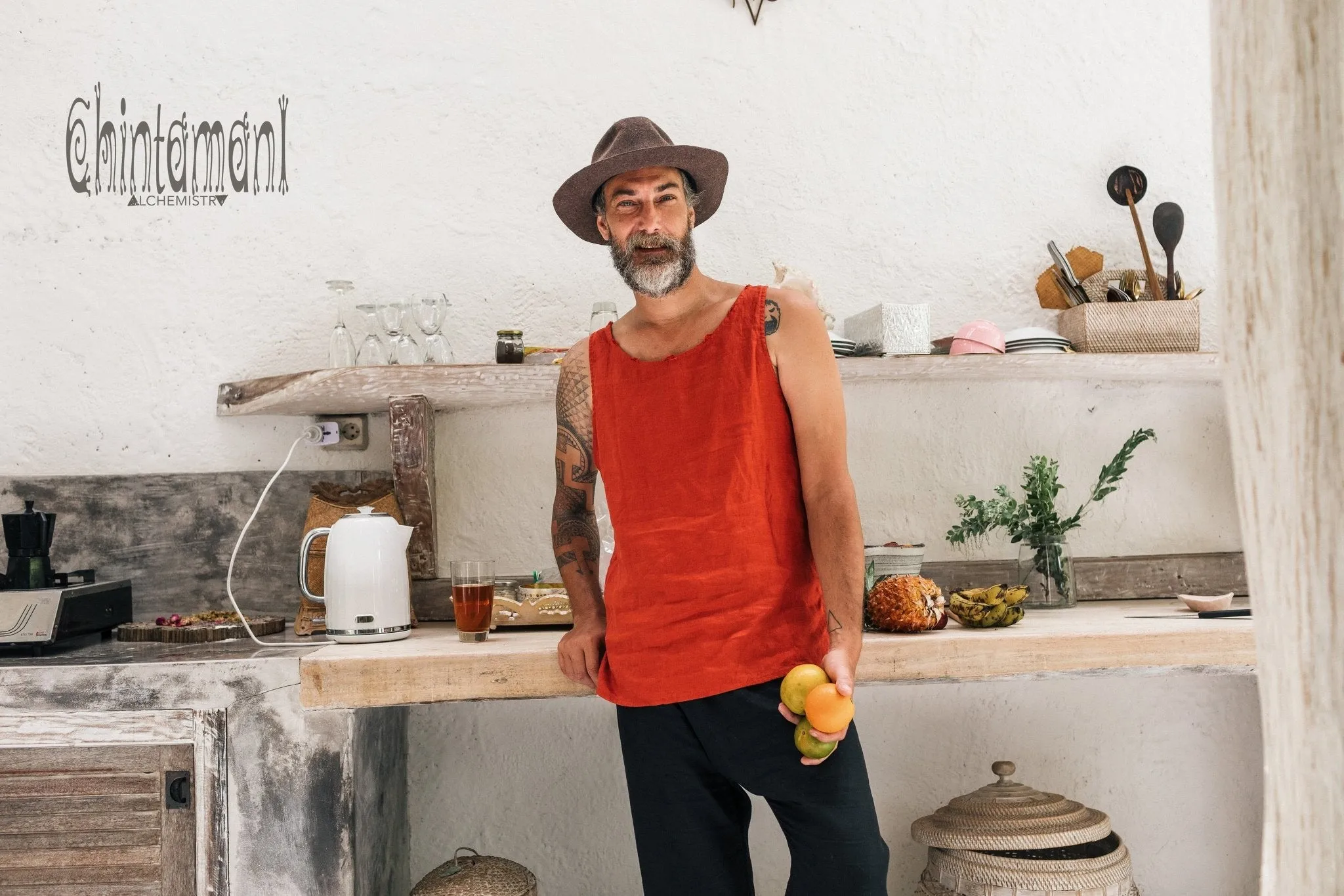 Linen Tank Top for Men / Vegan Boho Top / Red Ochre