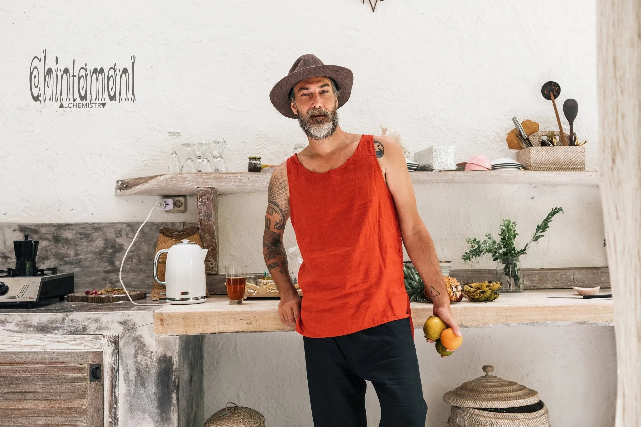 Linen Tank Top for Men / Vegan Boho Top / Red Ochre