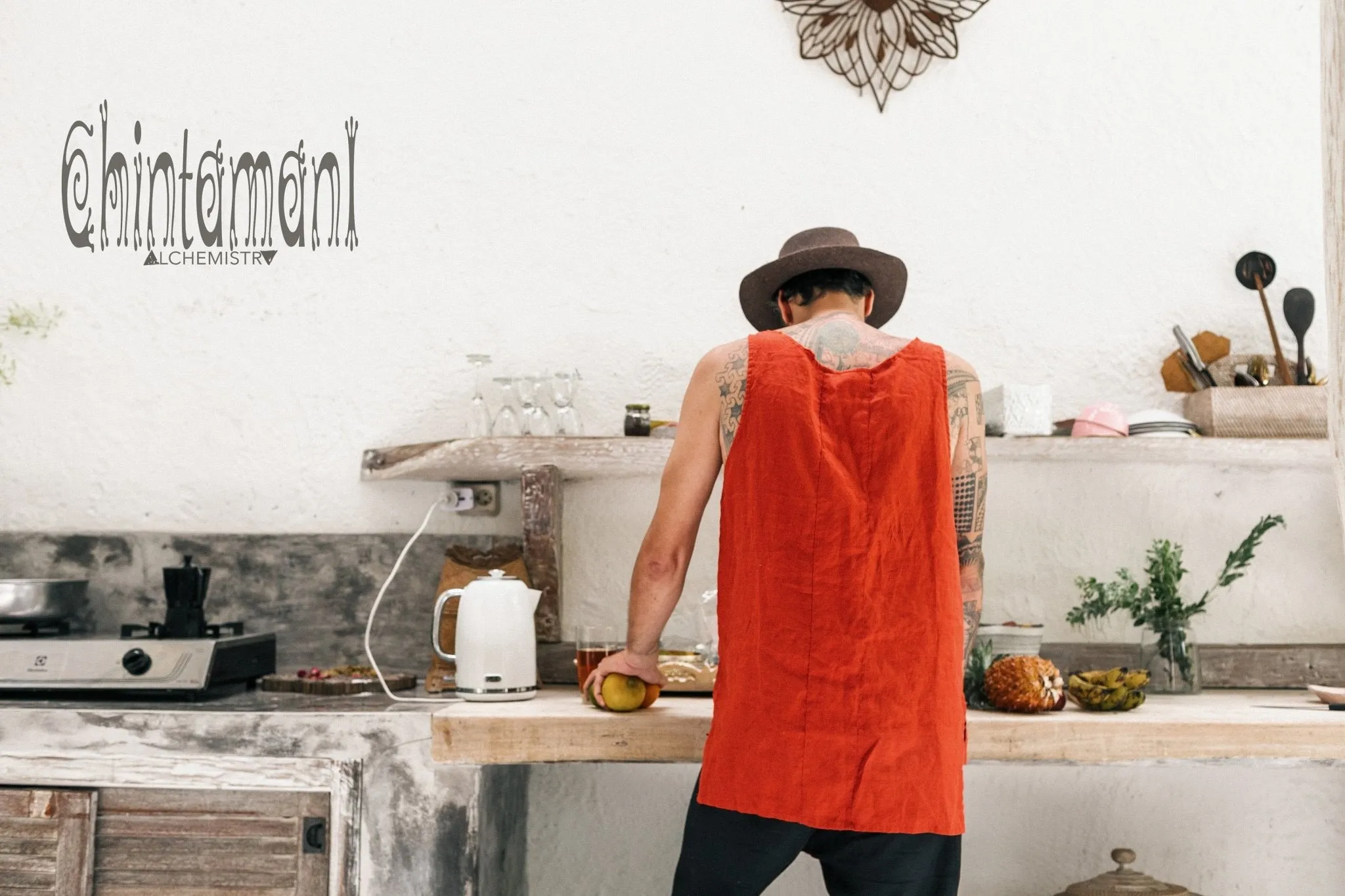 Linen Tank Top for Men / Vegan Boho Top / Red Ochre