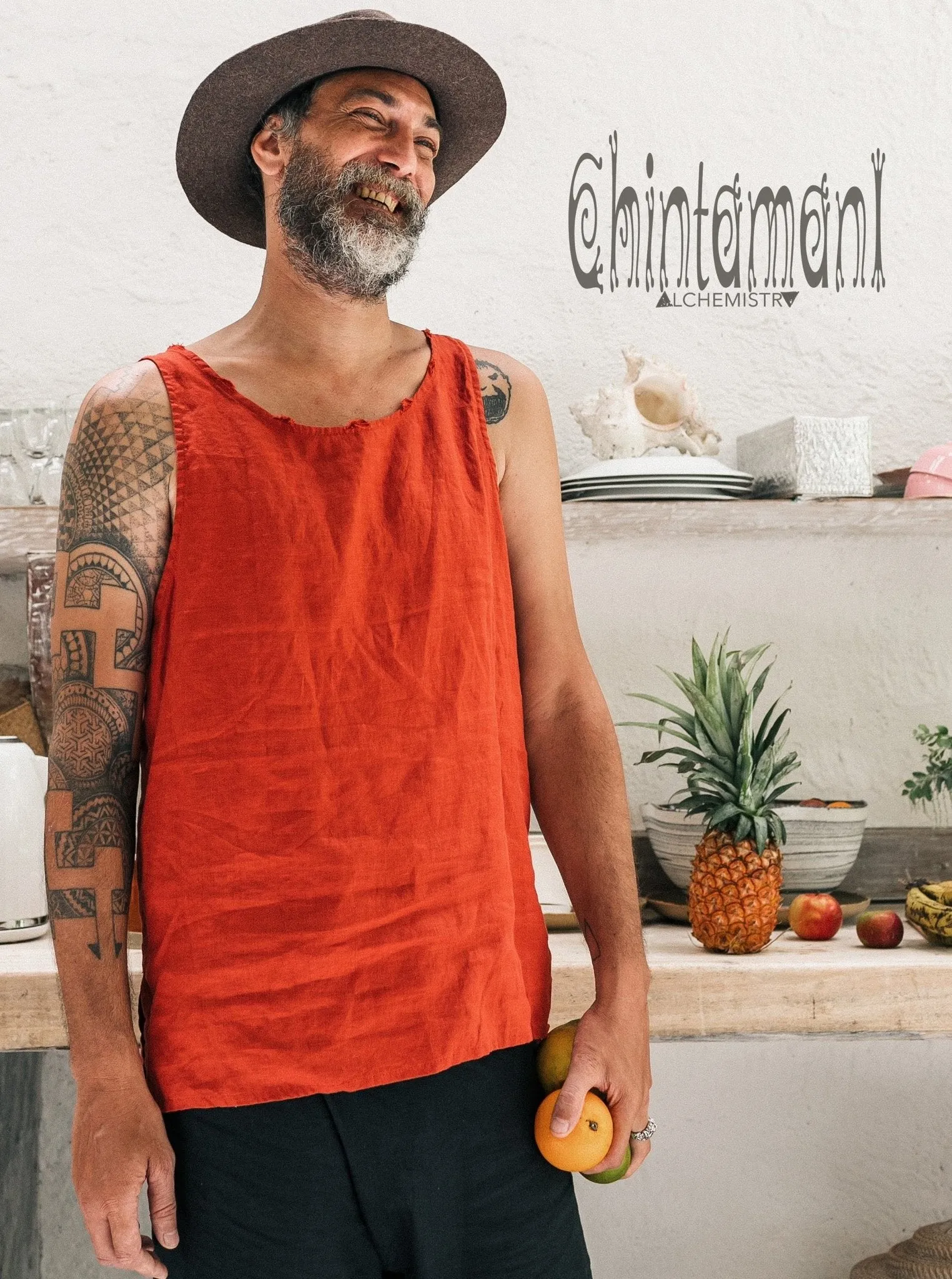 Linen Tank Top for Men / Vegan Boho Top / Red Ochre