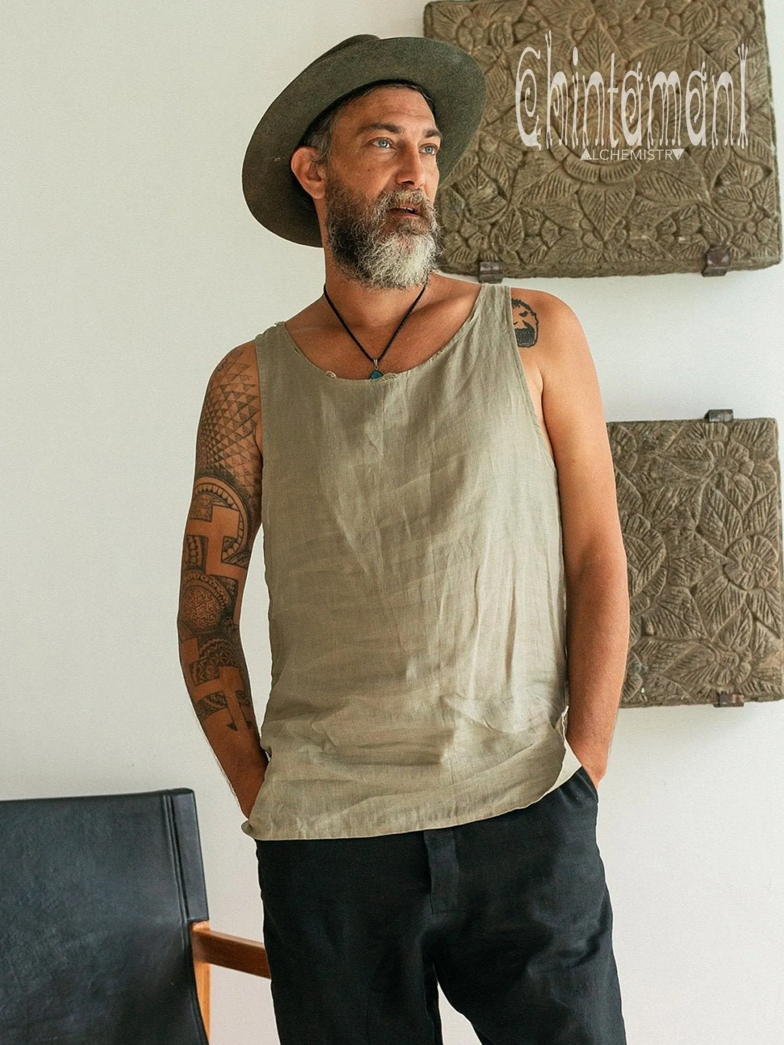 Linen Tank Top for Men / Vegan Boho Top / Sage Green