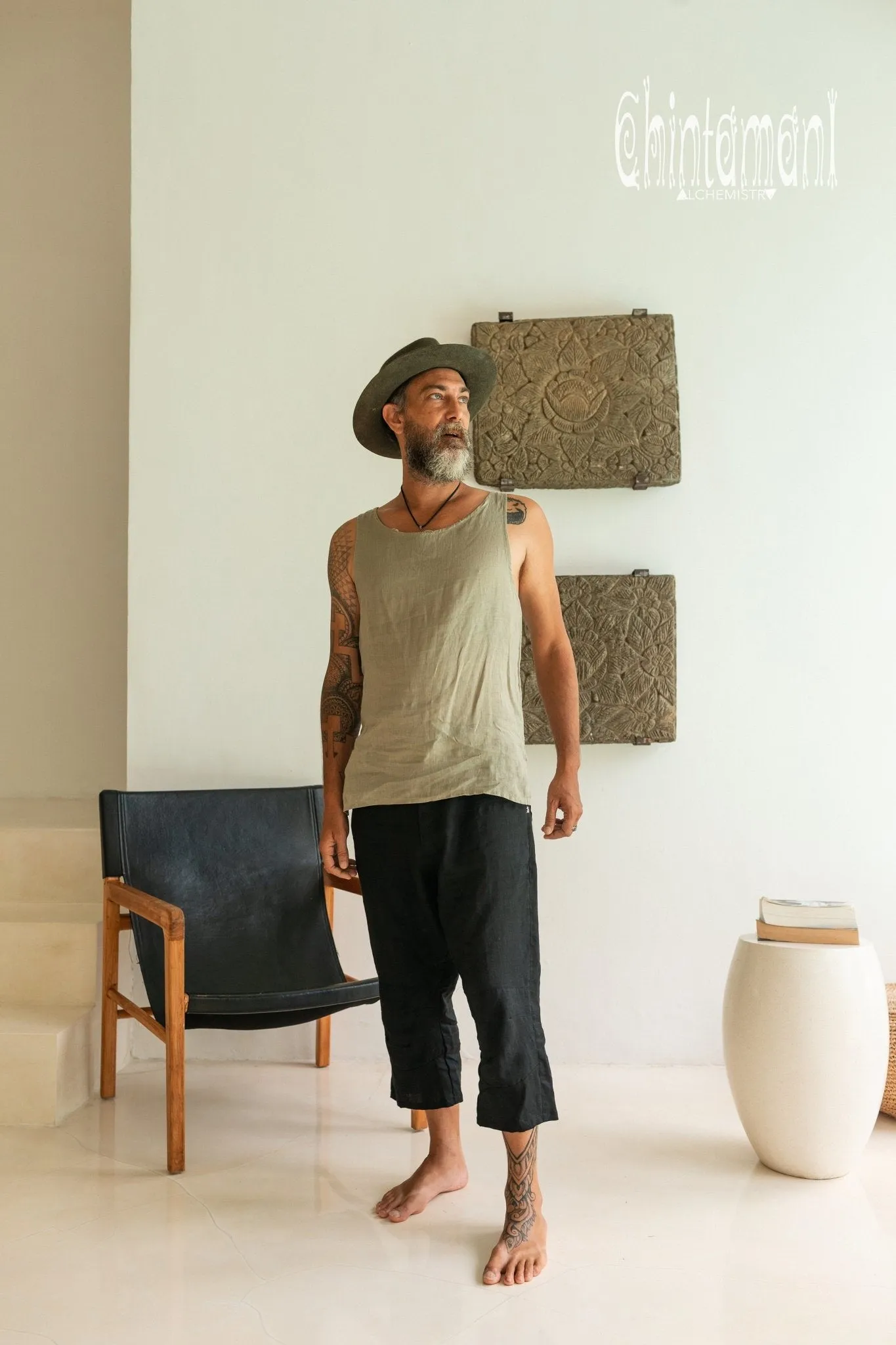 Linen Tank Top for Men / Vegan Boho Top / Sage Green