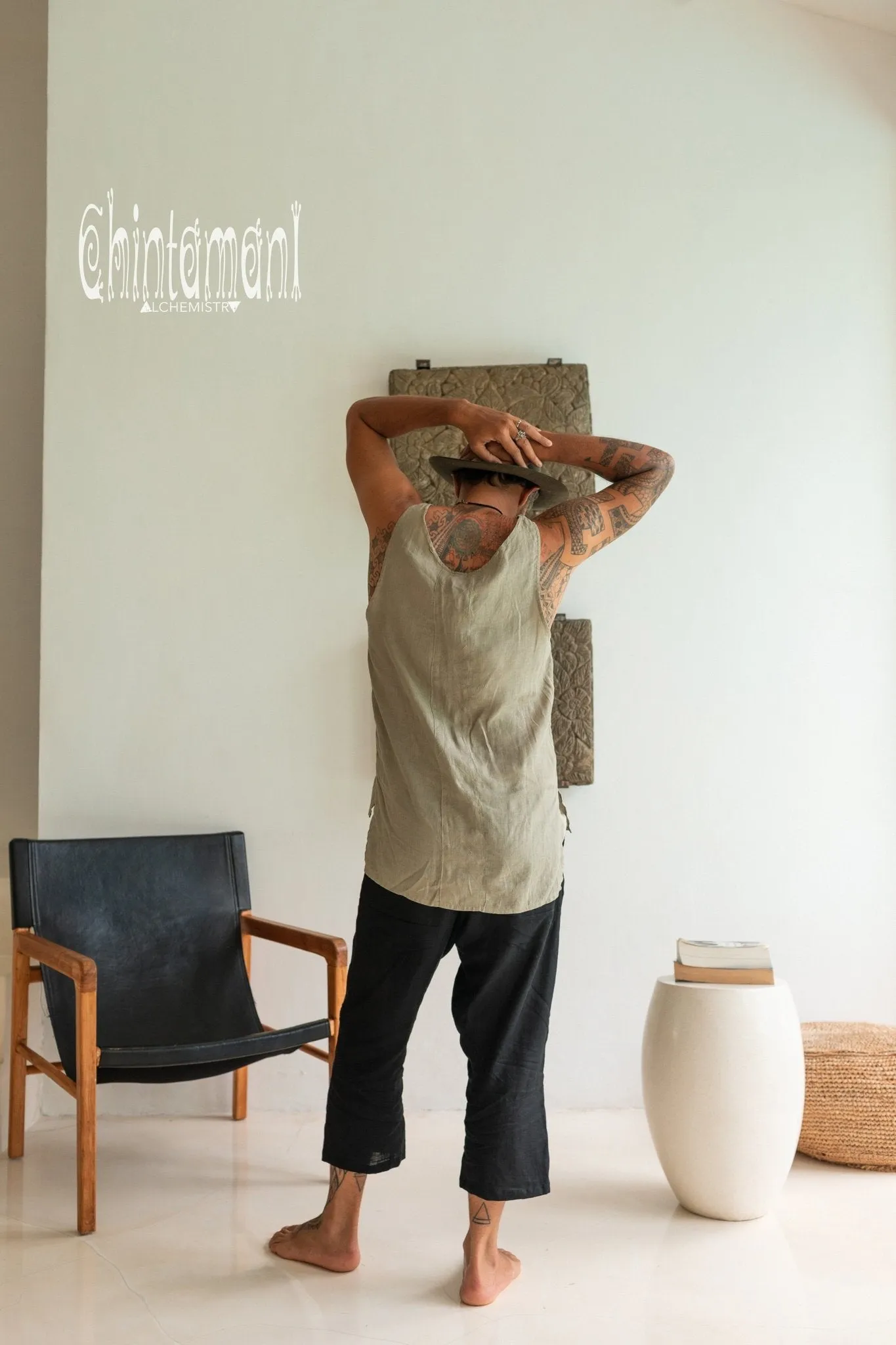 Linen Tank Top for Men / Vegan Boho Top / Sage Green