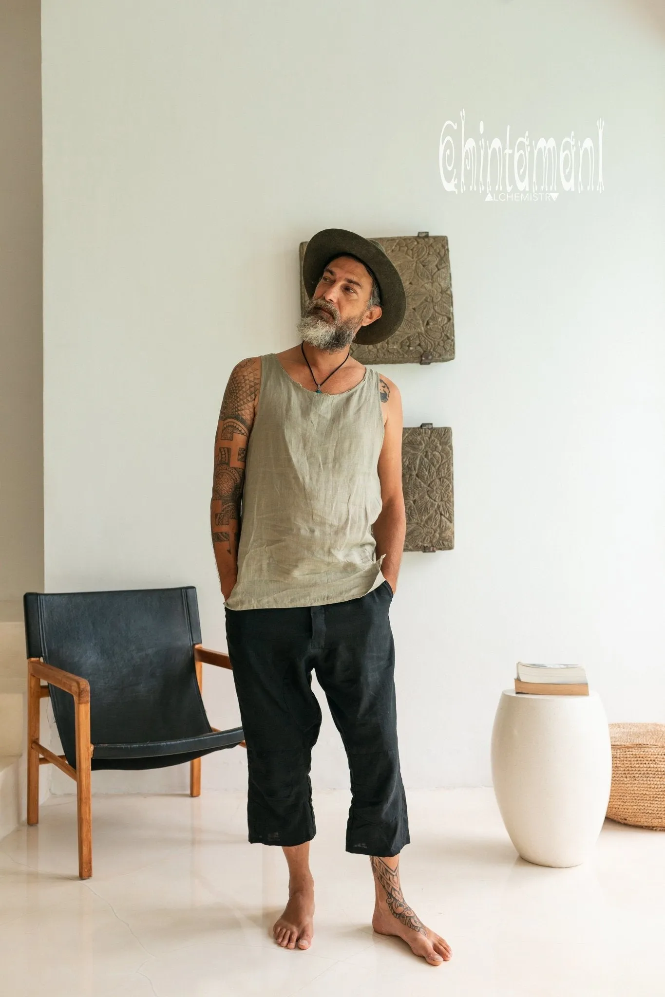 Linen Tank Top for Men / Vegan Boho Top / Sage Green