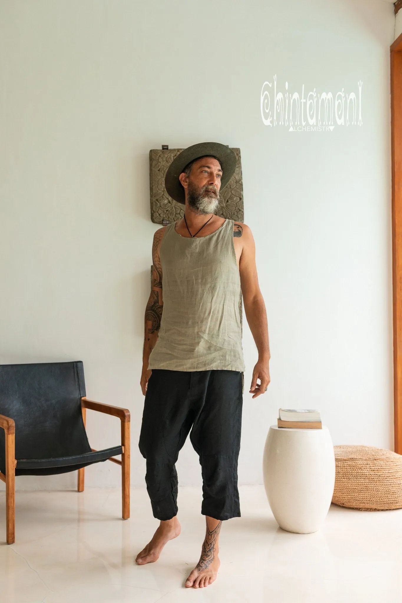 Linen Tank Top for Men / Vegan Boho Top / Sage Green