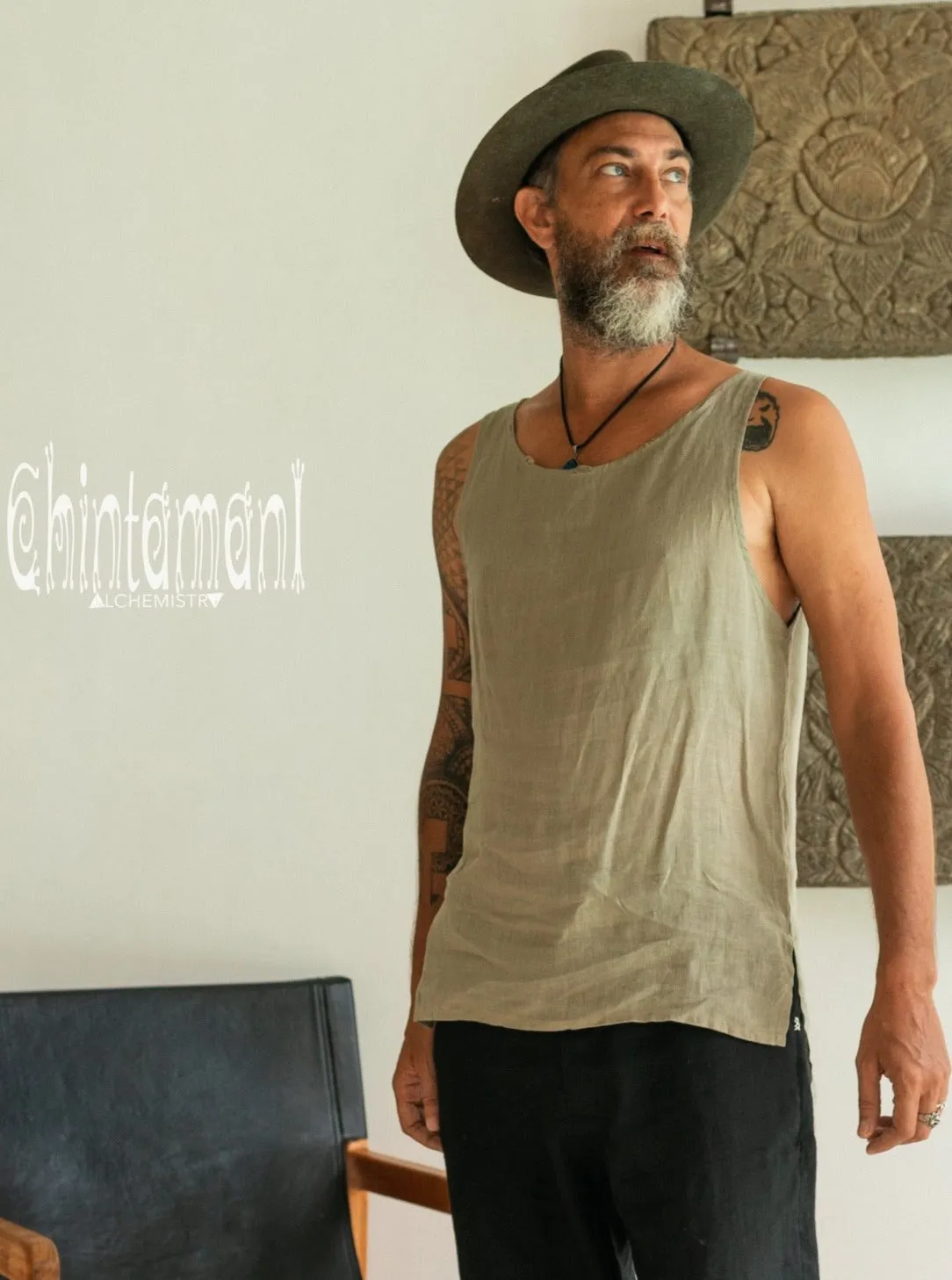 Linen Tank Top for Men / Vegan Boho Top / Sage Green