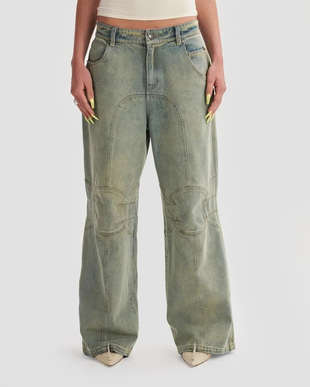 Low Rise Carpenter Baggy Jeans In Stonewash Blue