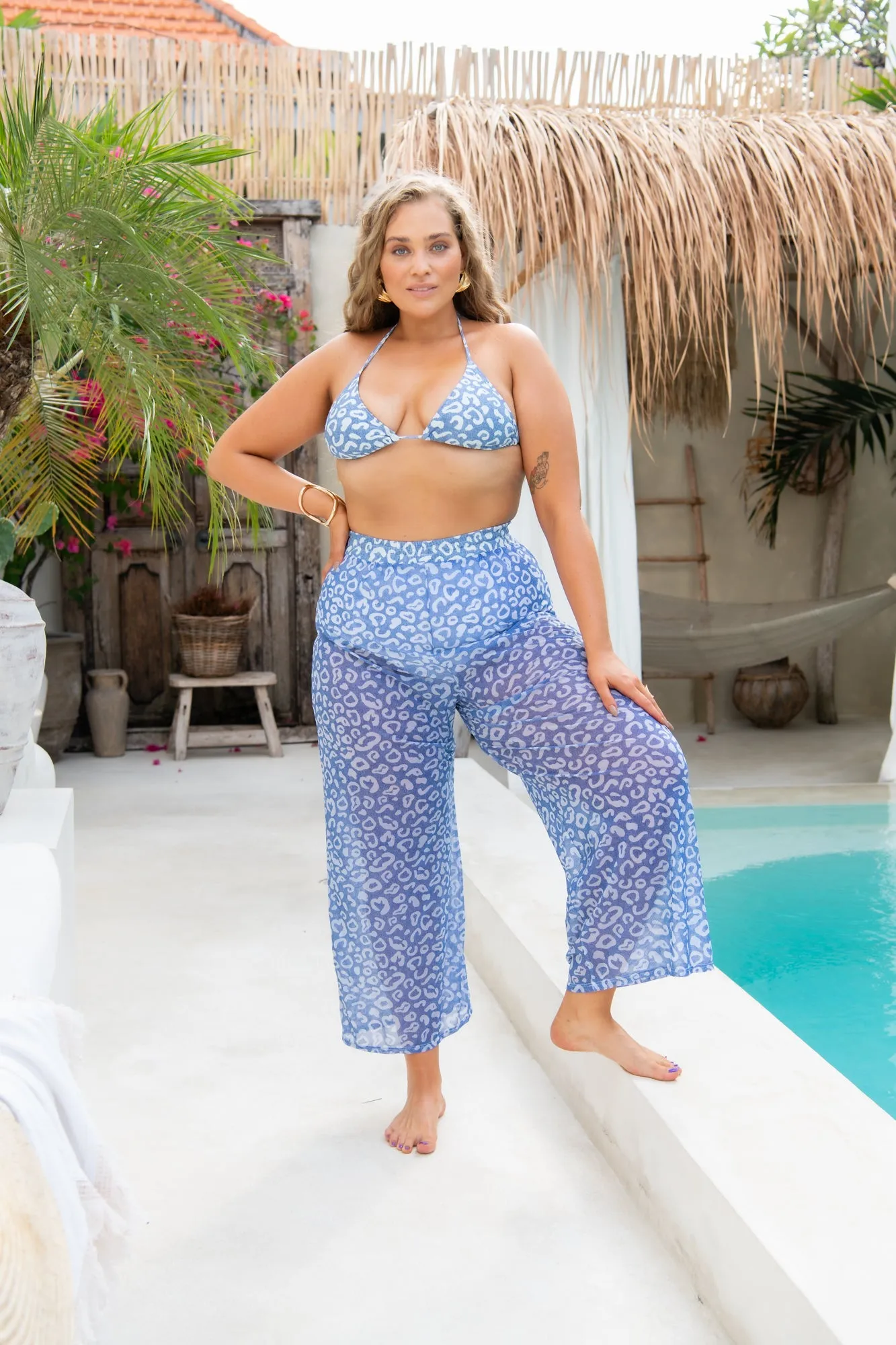 Marina Wide Leg Pants - Denim Leopard