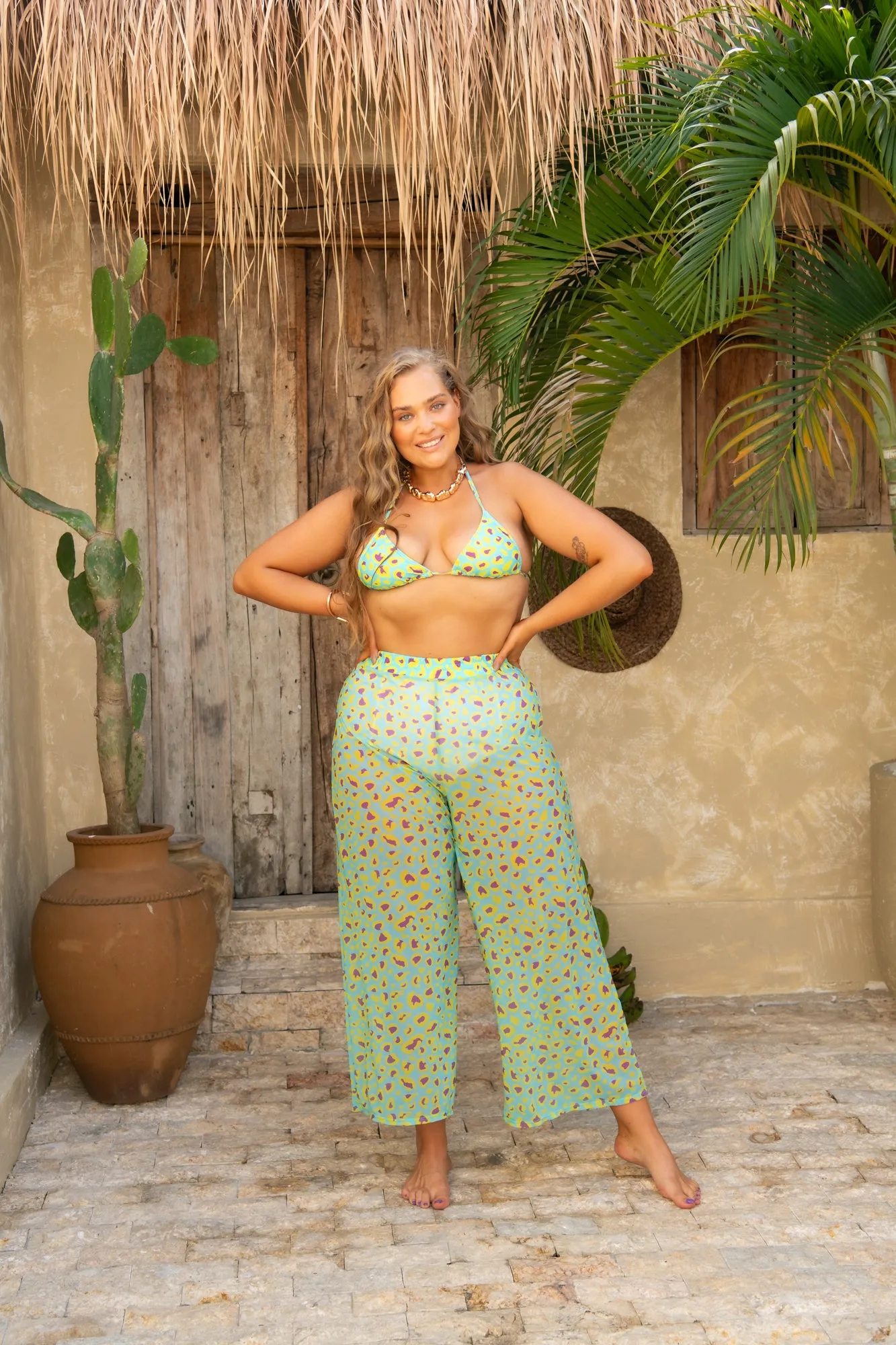 Marina Wide Leg Pants - Sour Sky Leopard