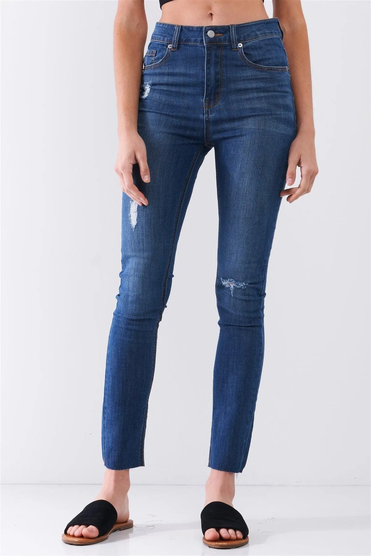 Medium Blue Denim Mid-Rise Ripped Detail Skinny Jean Pants /3-2-1