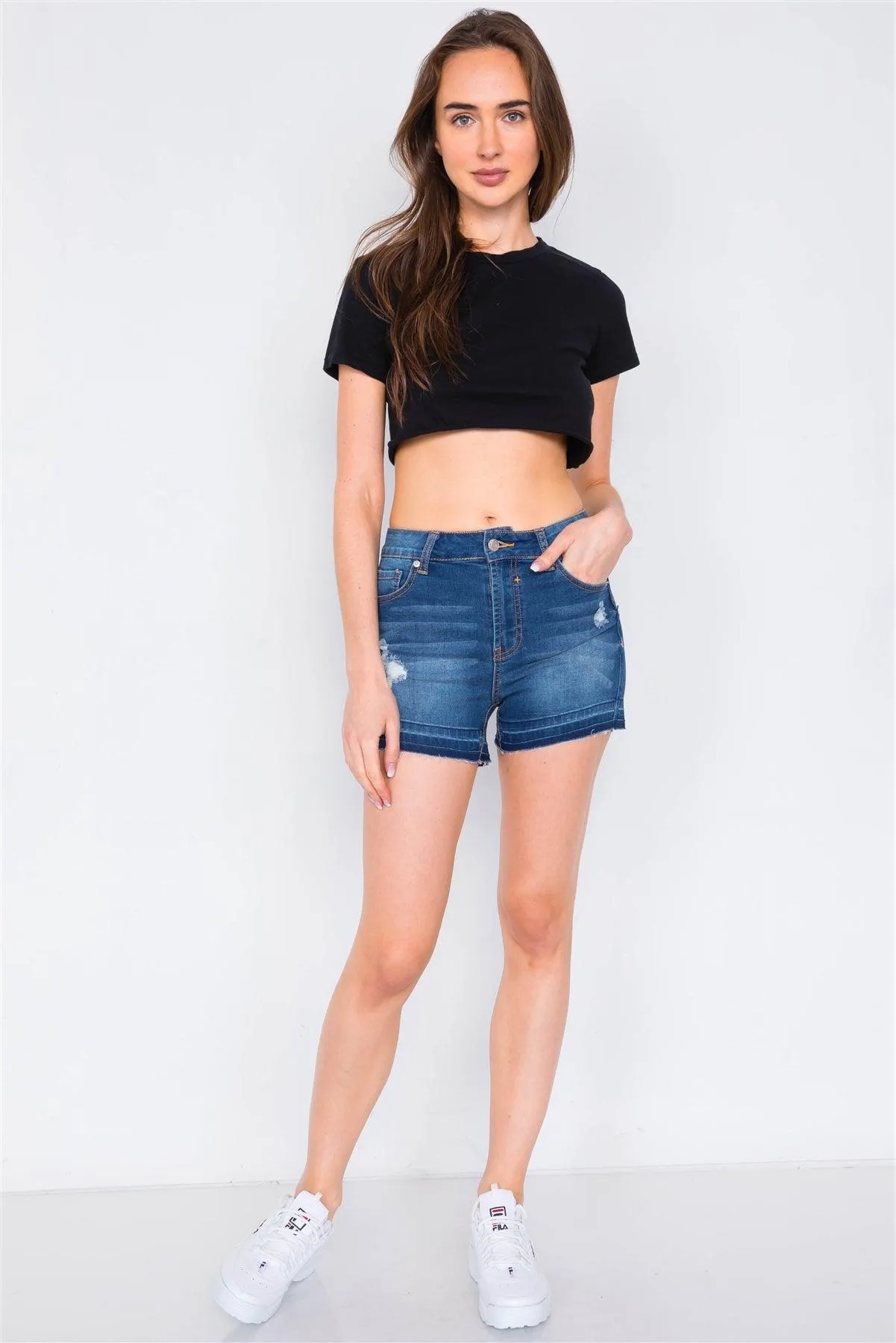 Medium Denim Acid Washed Cotton Raw Hem Shorts