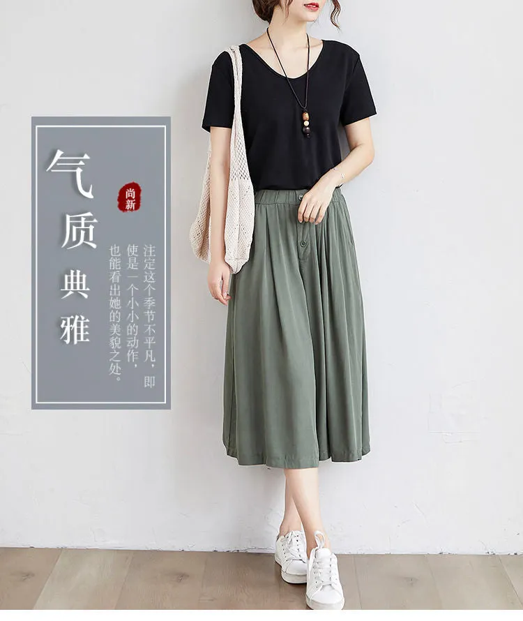 Summer Plus Size Art Skorts High Waist Drape Slim Look Three Quarter Wide Leg Pants Casual Culottes Women Pants