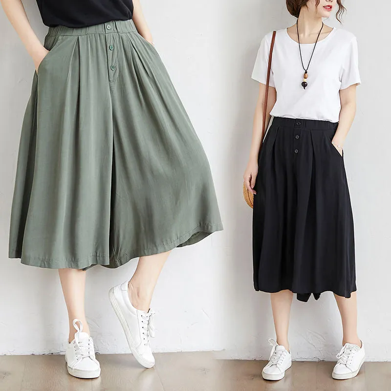 Summer Plus Size Art Skorts High Waist Drape Slim Look Three Quarter Wide Leg Pants Casual Culottes Women Pants