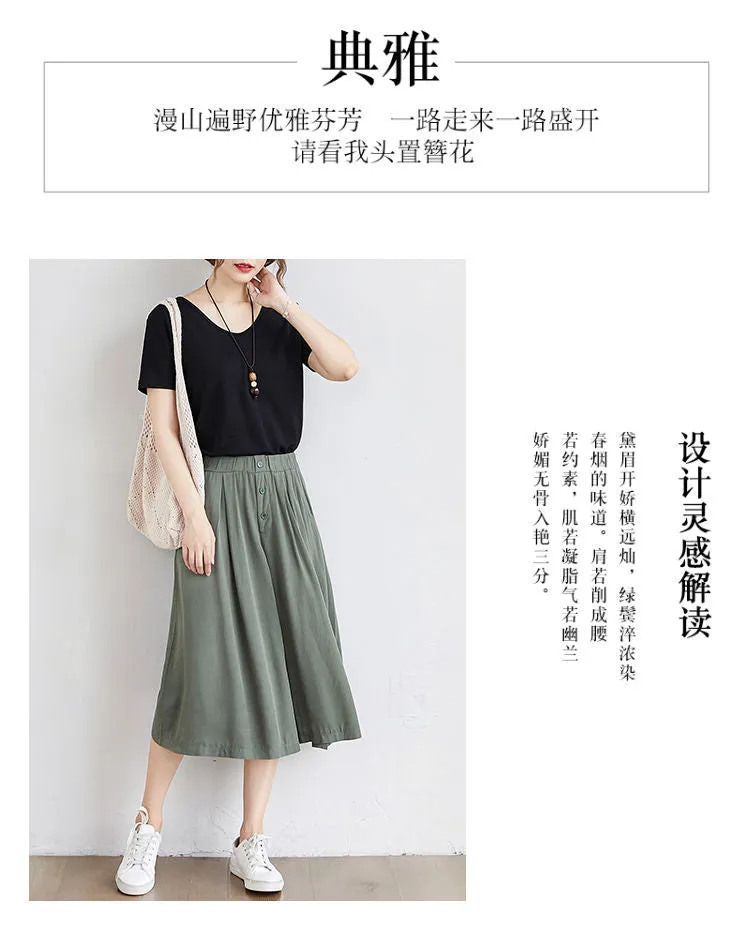 Summer Plus Size Art Skorts High Waist Drape Slim Look Three Quarter Wide Leg Pants Casual Culottes Women Pants