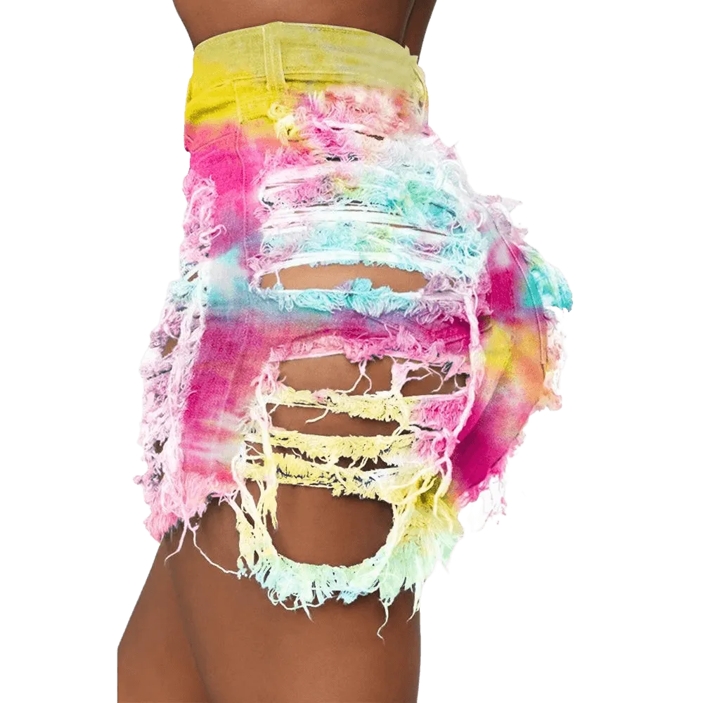 Tie Dye Denim Ripped Shorts